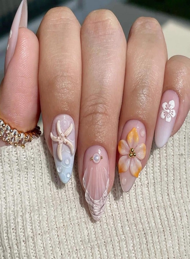 KRTBKR 24Pcs Summer Beach Flower Press on Nails Medium Almond Fake Nails 3D Starfish Seashell with Hibiscus Press Ons Full Cover French Tip False Nails Ocean Manicure Decorations for Women Girls Acrylic DIY - Image 1