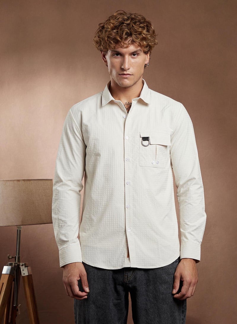 Campus Sutra Campus Sutra Men's Chalk White Grid-Utility Shirt For Casual Wear | Spread Collar | Long Cuffed Sleeves | Button Closure | Shirt Crafted With Comfort Fit For Everyday Wear  - Image 2