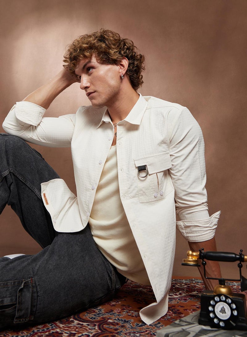 Campus Sutra Campus Sutra Men's Chalk White Grid-Utility Shirt For Casual Wear | Spread Collar | Long Cuffed Sleeves | Button Closure | Shirt Crafted With Comfort Fit For Everyday Wear  - Image 1