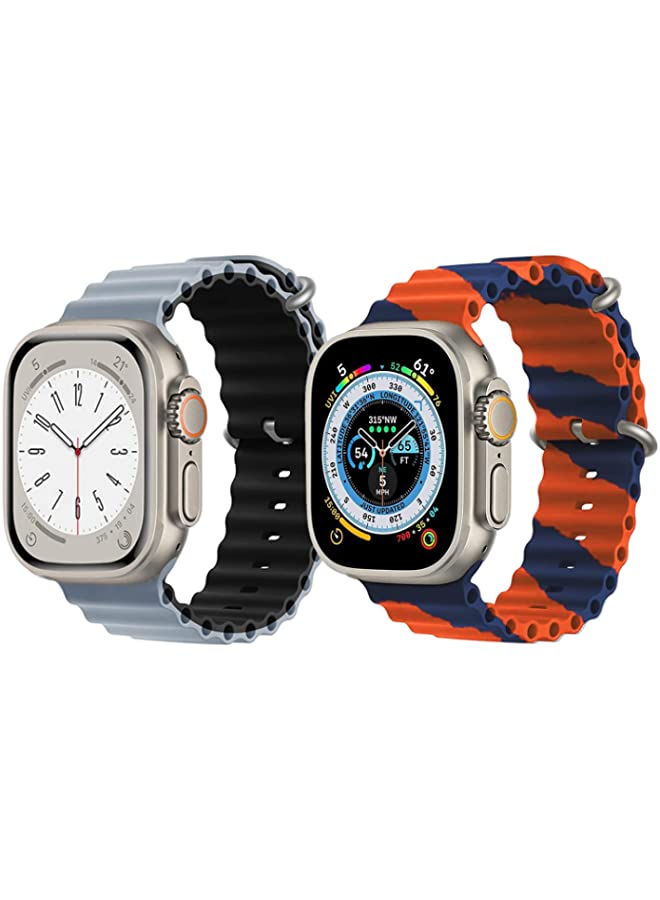 IAF Silicone Ocean Band Strap for Apple Watch Ultra 8 49mm Light Blue/Black Double Side Strap with Orange/Blue Double Line Strap Set of 2