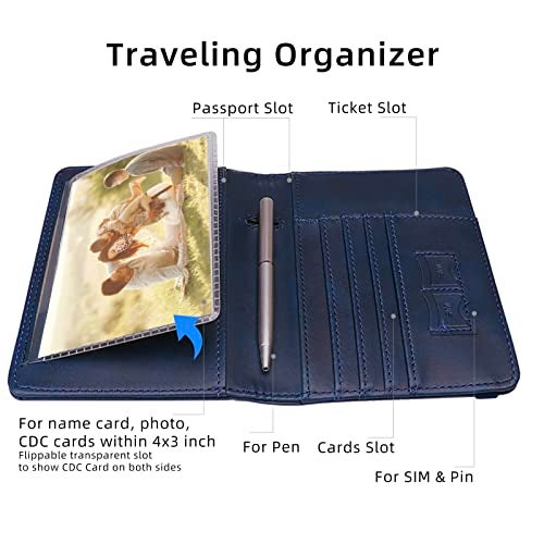 WALNEW Passport Holder for Travel, RFID Passport Cover Wallet for Women Men, PU Leather Passport Book Case with Pen Holder and Clear Photo Slot, Navy Blue - Image 3