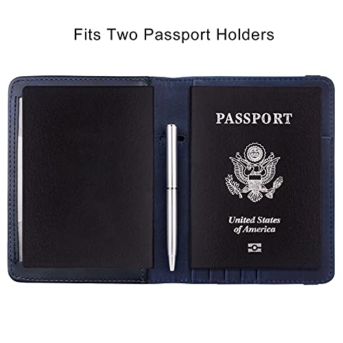 WALNEW Passport Holder for Travel, RFID Passport Cover Wallet for Women Men, PU Leather Passport Book Case with Pen Holder and Clear Photo Slot, Navy Blue - Image 4