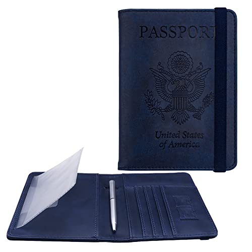 WALNEW Passport Holder for Travel, RFID Passport Cover Wallet for Women Men, PU Leather Passport Book Case with Pen Holder and Clear Photo Slot, Navy Blue - Image 1