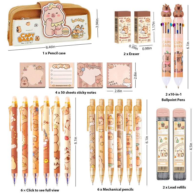 Daphilly Cute Capybara School Supplies Capybara Stationery Set Kawaii Birthday Christmas Gifts Set Including Mechanical Pencils,Erasers,Erasable Gel Pens,Pencil Holder,Sticky Notes - Image 2