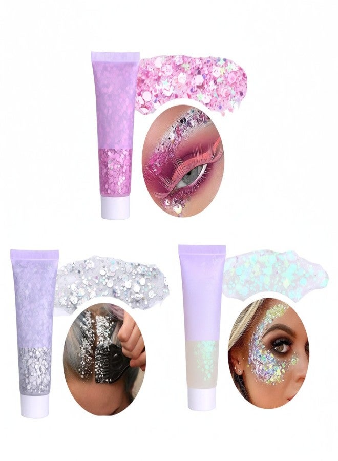 Chunky Glitter Gel Glitter Body Gel Festival Glitter Cosmetic Face Hair Nails Makeup Mermaid Sequins Liquid Eyeshadow Long Lasting Sparkling 50 ml (#06 White)