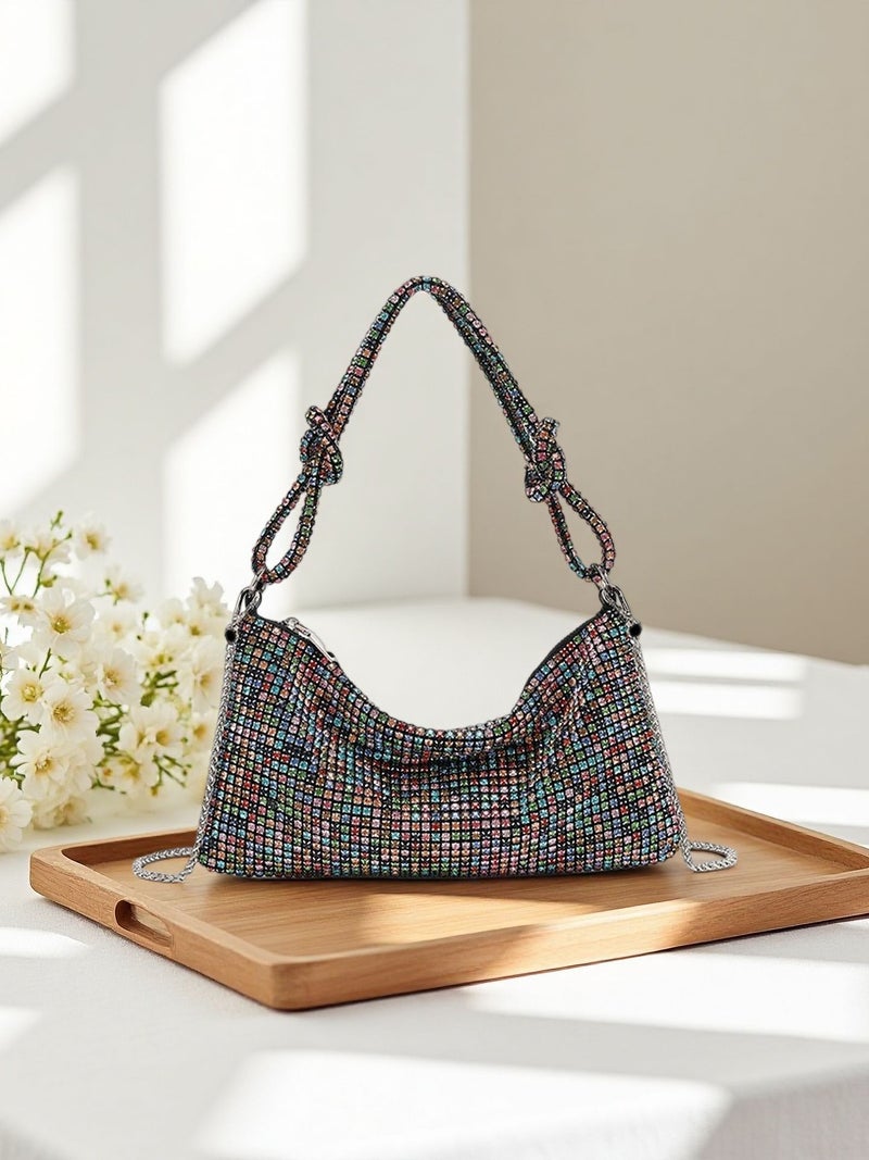 New Style Pure Handmade Diamond-Encrusted Women's Armpit Bag Super Shiny Knotted Handbag Celebrity Light Luxury Armpit Dinner Bag