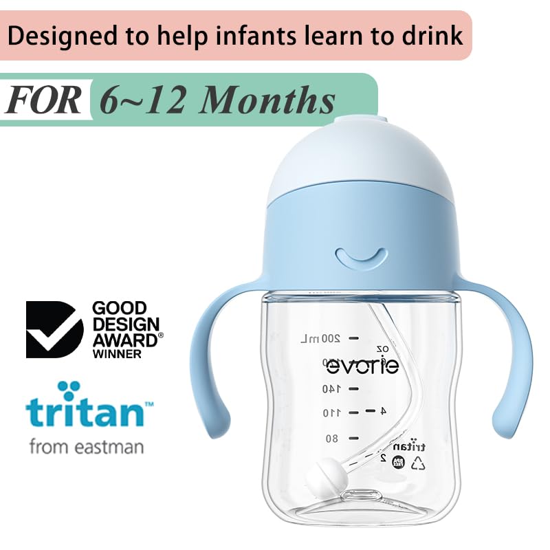 Evorie Tritan Baby Sippy Cup Weighted Gravity Straw Toddler Beginner Training Bottle, 7 Oz Leakproof Award Winning Infant Water Bottle with Handles for 6 months above - Image 2