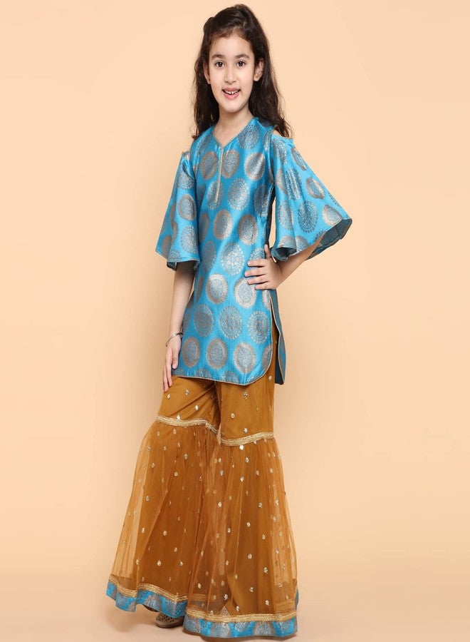 Adiva Girl's Silk Kurta With Sharara Set (G-1020-FIROZI-26 _Light Blue_5-6 Years) - Image 5