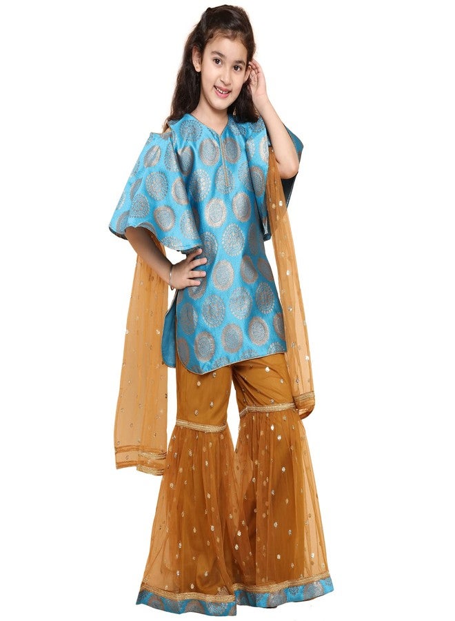Adiva Girl's Silk Kurta With Sharara Set (G-1020-FIROZI-26 _Light Blue_5-6 Years) - Image 1