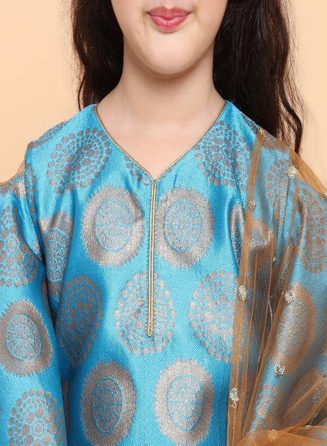 Adiva Girl's Silk Kurta With Sharara Set (G-1020-FIROZI-26 _Light Blue_5-6 Years) - Image 4