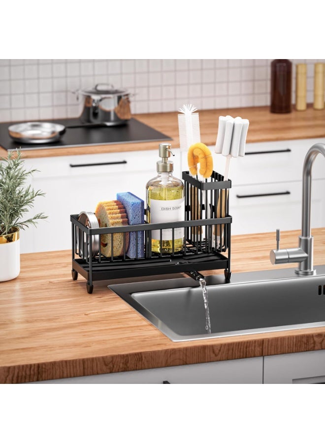 Sponge Holder for Kitchen Sink, Sink Caddy Organizer with High Brush Holder, Kitchen Countertop Organizers and Storage Essentials, Rustproof 304 Stainless Steel (Black, 9.25″) - Image 1