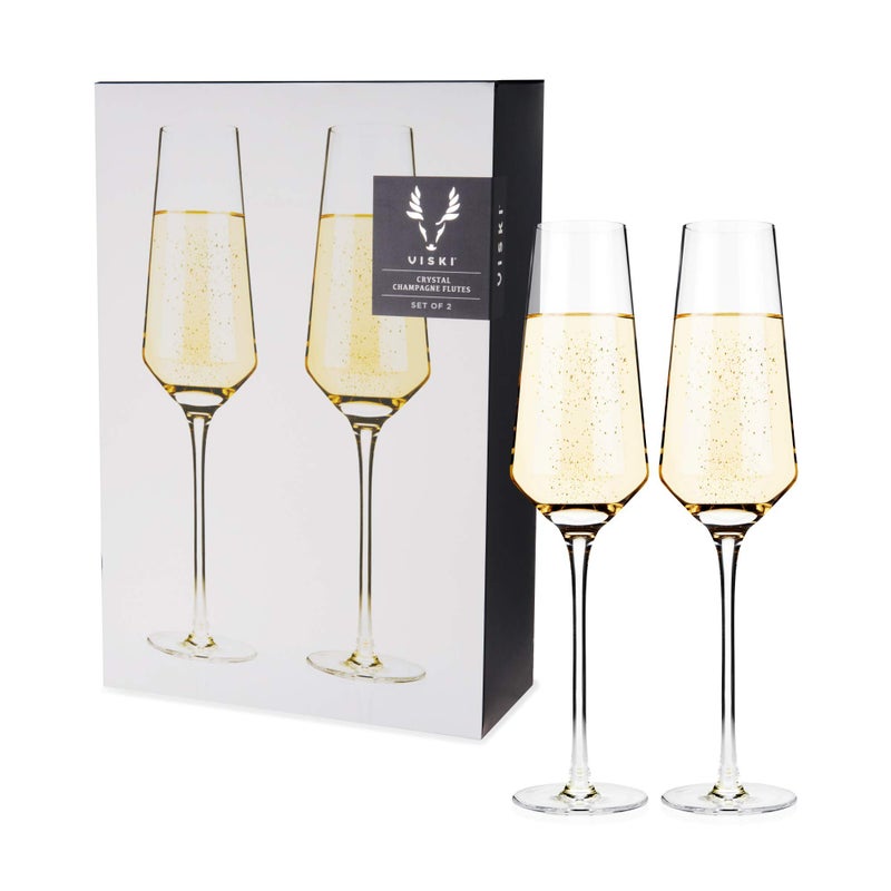 Viski Raye Angled Crystal Champagne Flutes Set Of 2 - Premium Crystal Clear Glass  Modern Stemmed  Champagne Glass Gift Set - 8Oz - Image 1