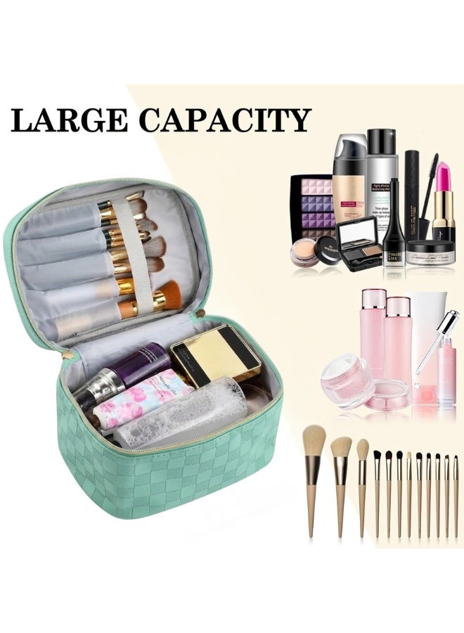 PU Leather Travel Cosmetic Bag for Women – Large Waterproof Makeup Bag with Multiple Interior Pockets, Portable Makeup Organizer for Cosmetics, Makeup, and Brushes, Stylish and Functional Travel Toiletry Bag with Large Capacity for Personal Care Items (Mint Green) - Image 2