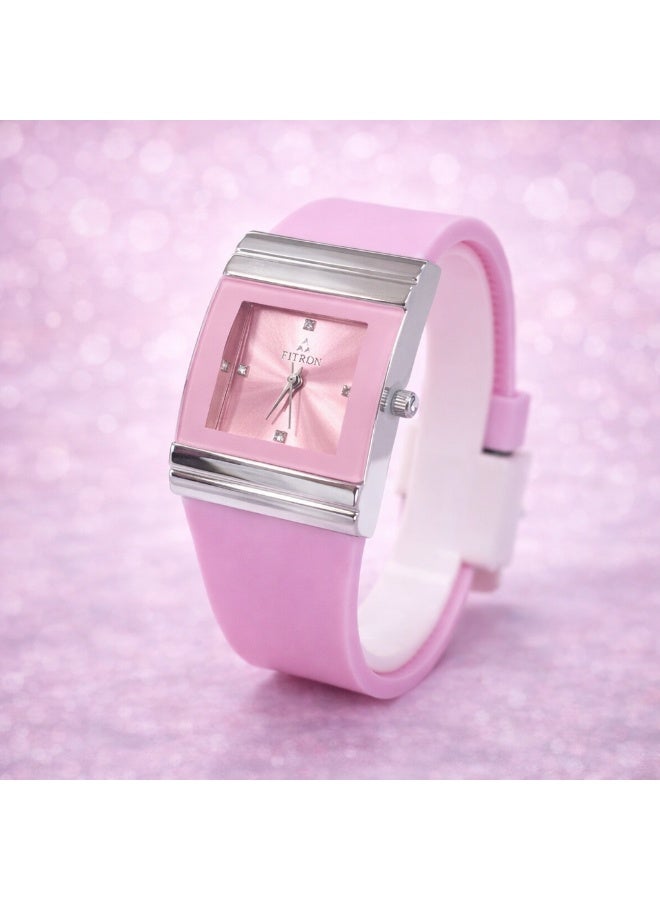 FITRON Pink Square Dial Women’s Watch with Silicone Strap Style - Image 1