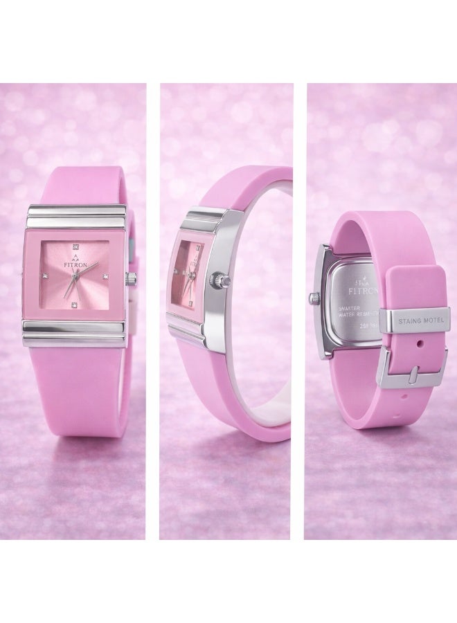 FITRON Pink Square Dial Women’s Watch with Silicone Strap Style - Image 2