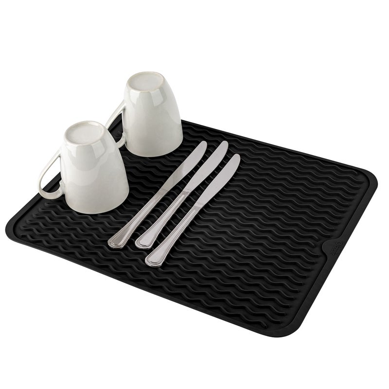 Oizeir Silicone Dish Drying Mat  Drain Hole NonSlip Heat Resistant Foldable Great for Dishes Kitchen Sink Counter Top Fridge Drawer Liner or Trivet for Hot Pots 12 X 16  Black