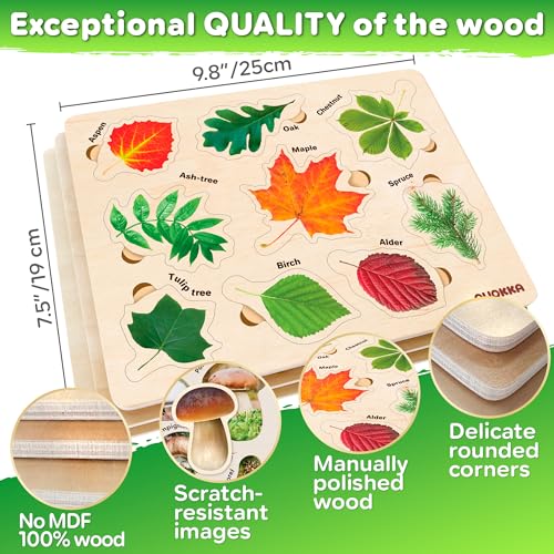 QUOKKA Wooden Puzzles for Toddlers 2-4 – 3X Set Montessori Toys Puzzles for Kids Ages 3-5 – Wood Educational Baby Game 12-18 Months – Gift Learning Mushrooms Flowers Leaves for Boy & Girl 3-5 - Image 4