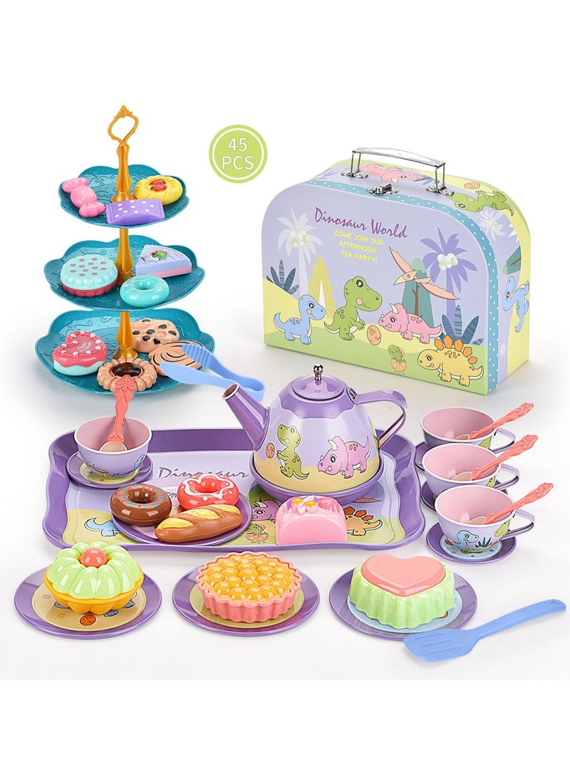Tinplate Dinosaur Tea Set Afternoon Tea Portable Gift Box With Dessert Suitable For Little Girls, Safe And Durable Children'S Tea Party Kitchen Tableware Set Toys Suitable For Children Over 3 Years Old - Image 1