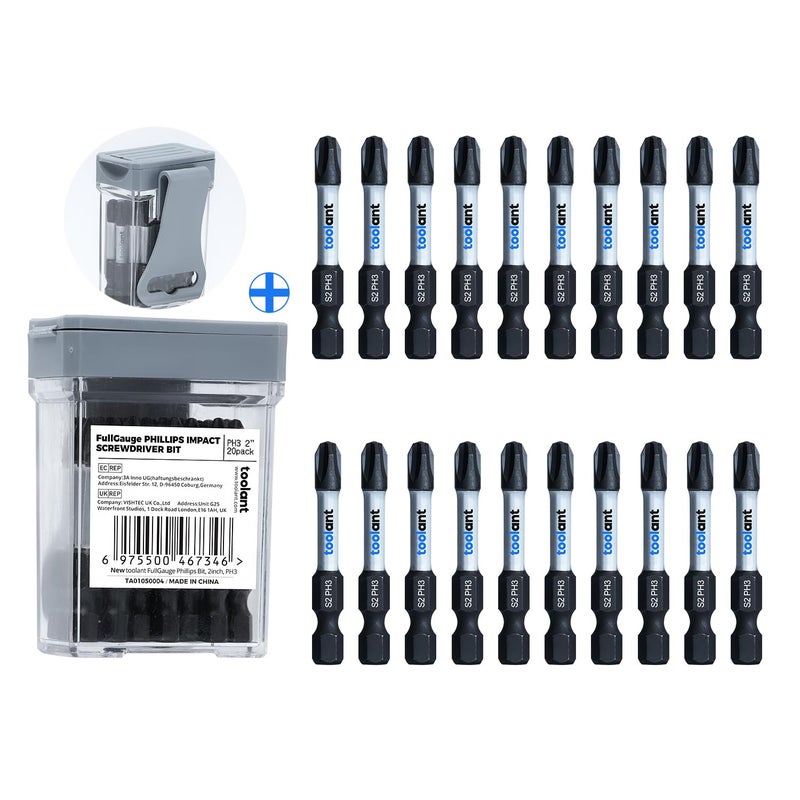 toolant 2 Inch Phillips Bit#3 Magnetic Anti Slip Impact Screwdriver Bits Set,20pcs Insert S2 Steel PH3 Driver Dit Set with CNC Machined Tips for Power Drill - Image 1