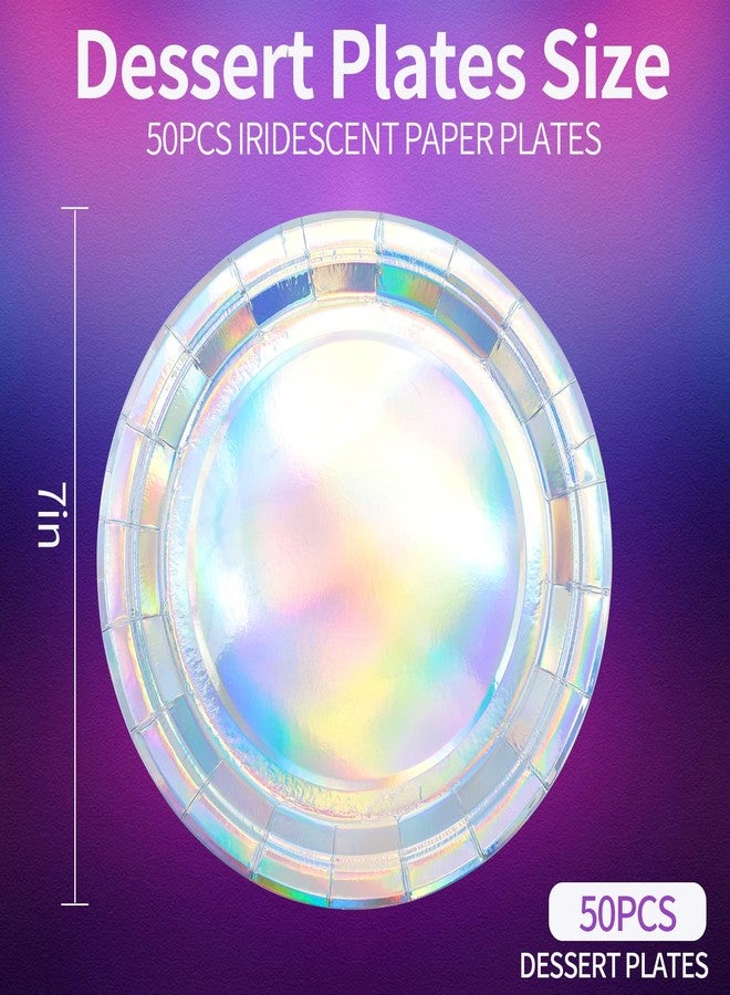 HiEnjoin 50PCS Iridescent Party Paper Plates, 7 Inch Holographic Dessert Plates Sparkling Rainbow Disposable Party Supplies Decoration for Mermaid Birthday Wedding Party (Iridescent) - Image 2