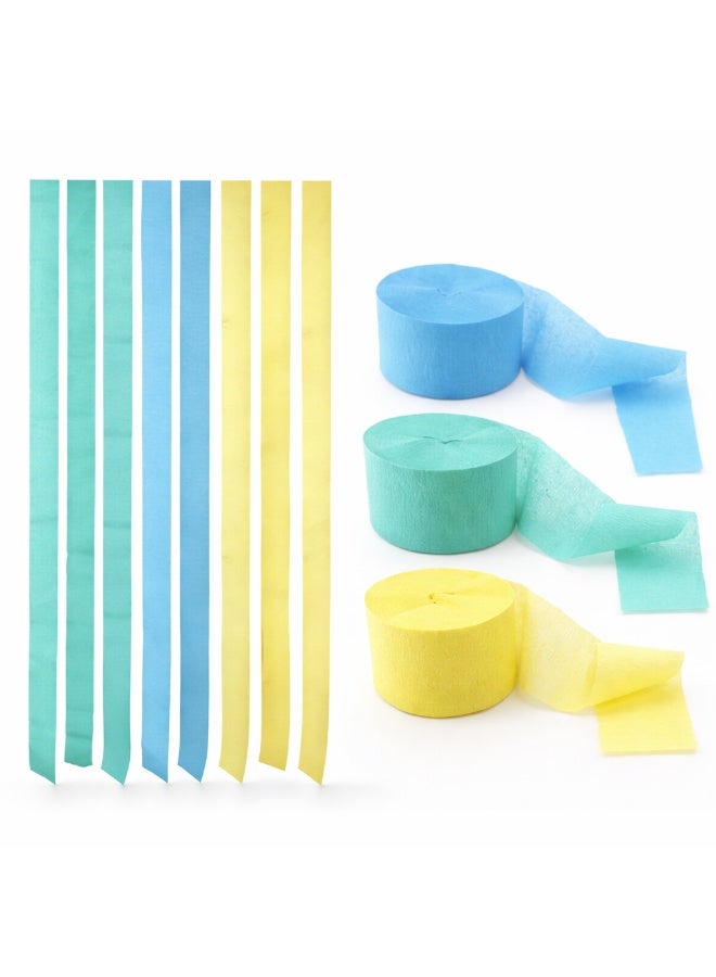 Mordely 3 Rolls Pastel Crepe Paper Streamers, Blue Mint Yellow Party Decorations, 72 ft x 1.8 in Each Roll, Soft Textured Crepe Paper Ribbon for Birthday, Baby Shower, Wedding, Backdrop Decor - Image 1
