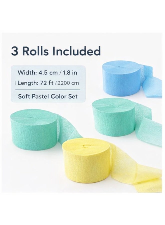 Mordely 3 Rolls Pastel Crepe Paper Streamers, Blue Mint Yellow Party Decorations, 72 ft x 1.8 in Each Roll, Soft Textured Crepe Paper Ribbon for Birthday, Baby Shower, Wedding, Backdrop Decor - Image 2