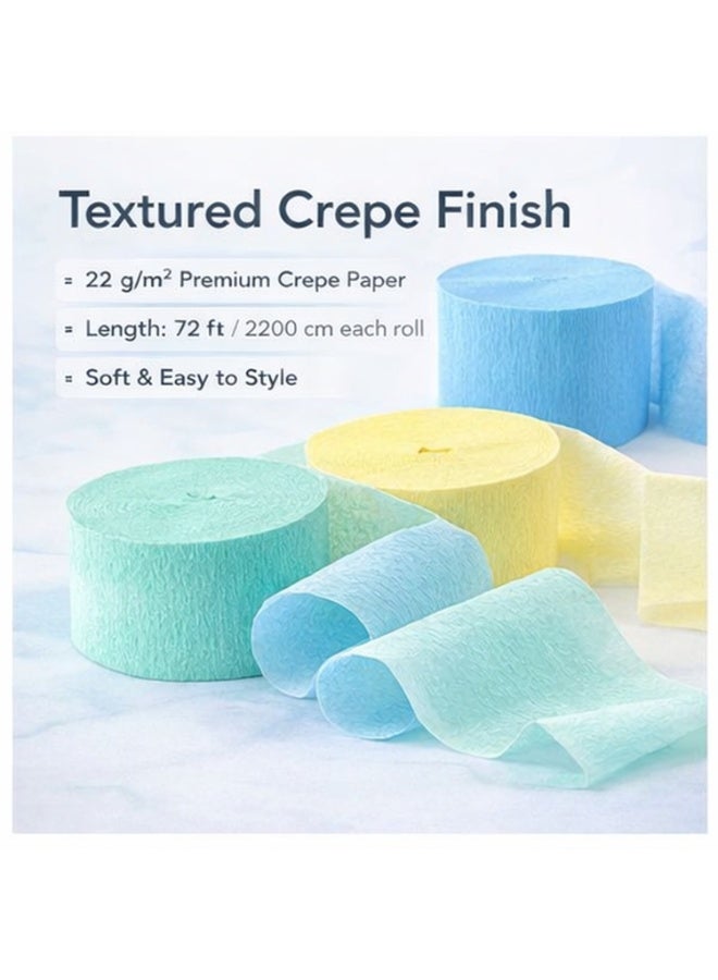 Mordely 3 Rolls Pastel Crepe Paper Streamers, Blue Mint Yellow Party Decorations, 72 ft x 1.8 in Each Roll, Soft Textured Crepe Paper Ribbon for Birthday, Baby Shower, Wedding, Backdrop Decor - Image 3