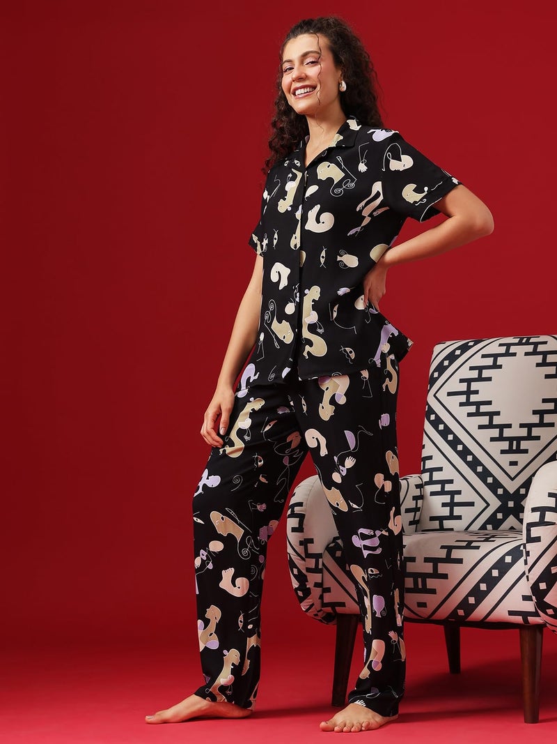 Clovia Women's Crepe Printed Button Down Shirt & Pyjama Set (LS0385M13_Black_XXL) - Image 2