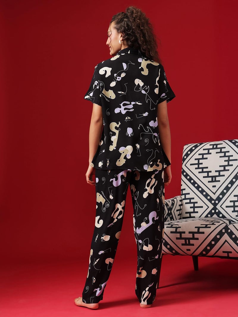 Clovia Women's Crepe Printed Button Down Shirt & Pyjama Set (LS0385M13_Black_XXL) - Image 3