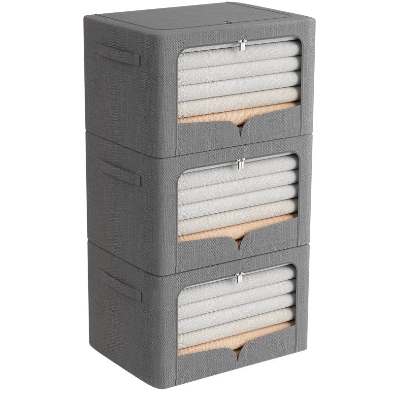 3 Pack Extra Large Clothes Storage Bins Foldable Metal Frame Storage Box Stackable Linen Fabric Organizer Set with Carrying Handles and Clear Window Dark Gray 236x165x157inch100L
