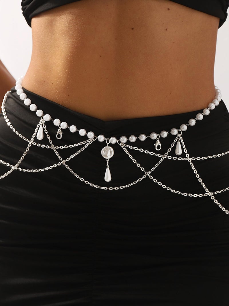 MODRSA Silver Belt Chain Belt for Women Fashion Plus Size Silver Pearl Waist Chains Metal Layered Belts Chains no Tarnish Trendy Belly Belts for Women Dress Pearl Waist Jewelry Dainty - Image 2