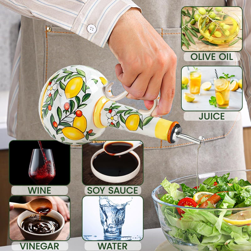 Gnlnkn Ceramic Olive Oil Dispenser Bottle â€“ 18.3 oz Oil Cruet with Spout and Handle, Lemon Pattern, 10.2â€ Tall â€“ Non-Drip Pourer for Kitchen Counter, Salad Dressing, Vinegar, Decorative Oil Container - Image 3