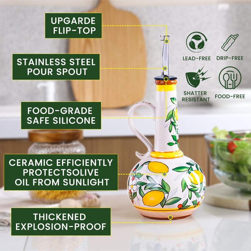 Gnlnkn Ceramic Olive Oil Dispenser Bottle â€“ 18.3 oz Oil Cruet with Spout and Handle, Lemon Pattern, 10.2â€ Tall â€“ Non-Drip Pourer for Kitchen Counter, Salad Dressing, Vinegar, Decorative Oil Container - Image 4