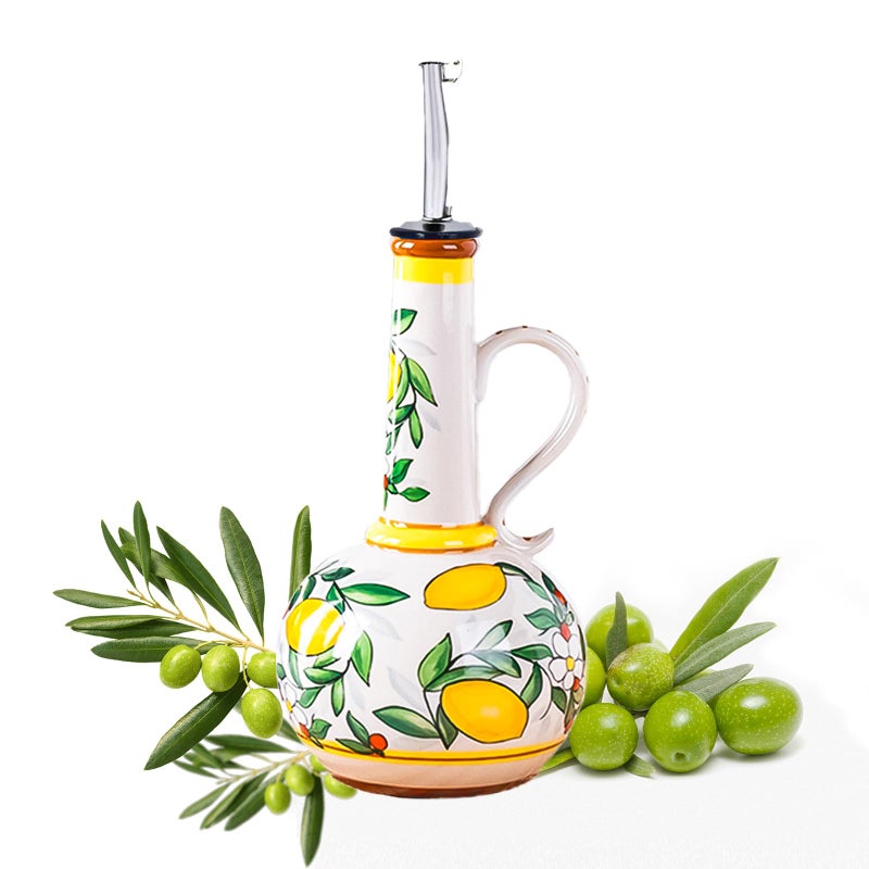 Gnlnkn Ceramic Olive Oil Dispenser Bottle â€“ 18.3 oz Oil Cruet with Spout and Handle, Lemon Pattern, 10.2â€ Tall â€“ Non-Drip Pourer for Kitchen Counter, Salad Dressing, Vinegar, Decorative Oil Container - Image 1