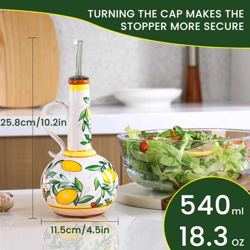 Gnlnkn Ceramic Olive Oil Dispenser Bottle â€“ 18.3 oz Oil Cruet with Spout and Handle, Lemon Pattern, 10.2â€ Tall â€“ Non-Drip Pourer for Kitchen Counter, Salad Dressing, Vinegar, Decorative Oil Container - Image 2