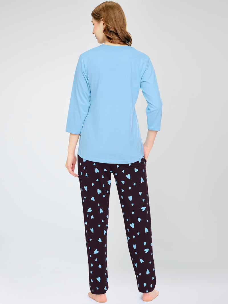 ZEYO Night Suit for Women's Blue Heart Printed Cotton Night Dress of Top and Pajama Set 5783 - Image 5