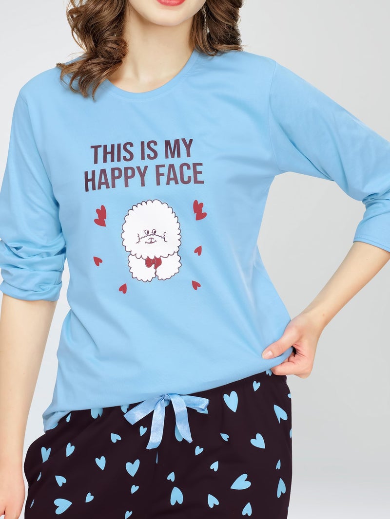 ZEYO Night Suit for Women's Blue Heart Printed Cotton Night Dress of Top and Pajama Set 5783 - Image 2