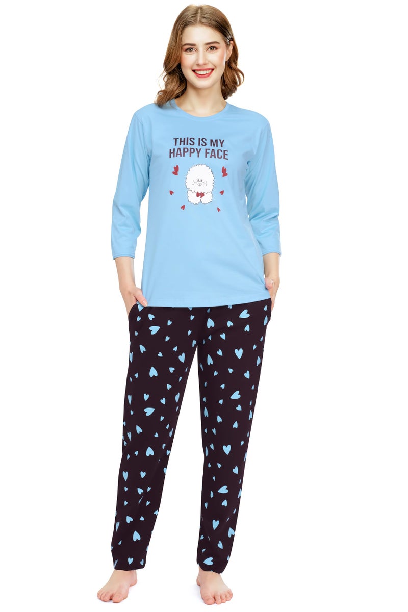 ZEYO Night Suit for Women's Blue Heart Printed Cotton Night Dress of Top and Pajama Set 5783 - Image 1