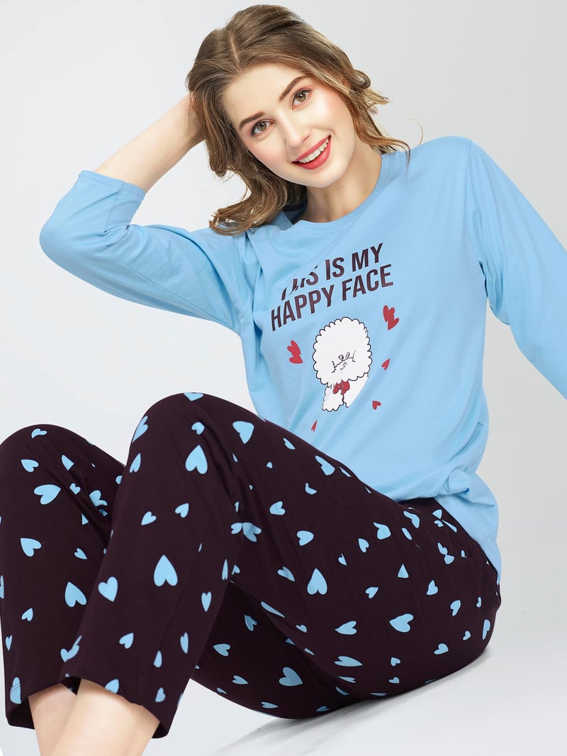 ZEYO Night Suit for Women's Blue Heart Printed Cotton Night Dress of Top and Pajama Set 5783 - Image 3