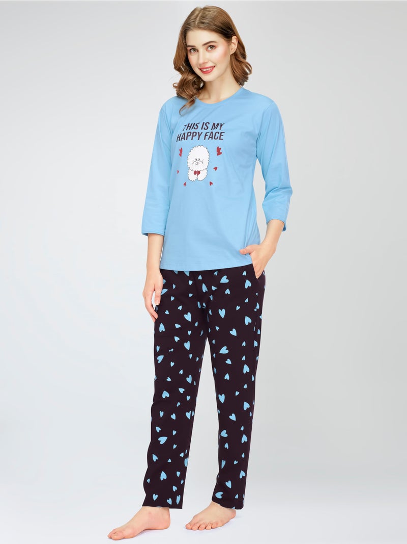 ZEYO Night Suit for Women's Blue Heart Printed Cotton Night Dress of Top and Pajama Set 5783 - Image 4