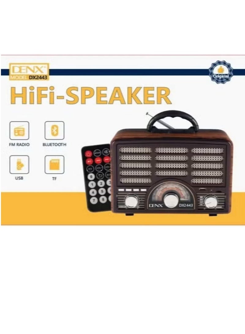 Denx Rechargeable HI-FI Radio with Remote Control, Large Capacity Battery, Portable, Retro Style FM Radio, Support Bluetooth, SD Card Slot, USB and AUX Port DX2443 