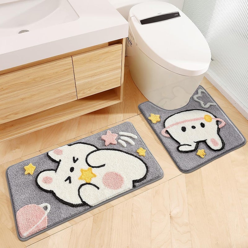 Tyrafry Cute U-Shaped Toilet Rug  Ultra Soft Microfiber Bathroom Rug Non Slip Toilet Mat Water Absorbent Rug for Bathroom Floor Machine Washable Shower Rug  20 x 22 Inches  Star - Image 1