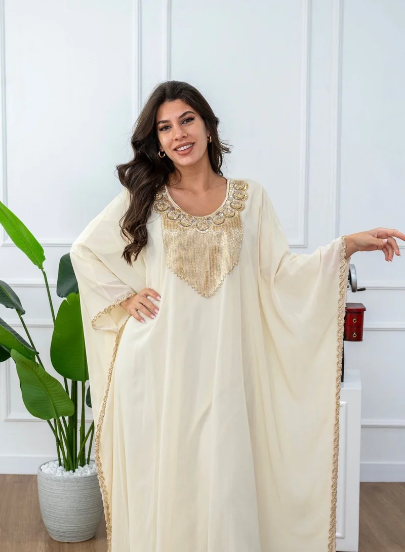 AL BENT AL SHARQIEH beige long sleeve jalabiya dress with embroidery neck  | Best Price UAE