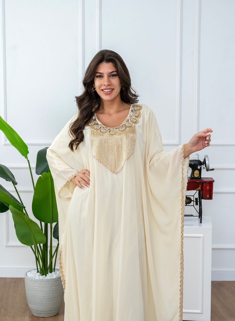 البنت الشرقية جلابية نسائية  لون بيج  مطرزة على الصدر  - Image 1