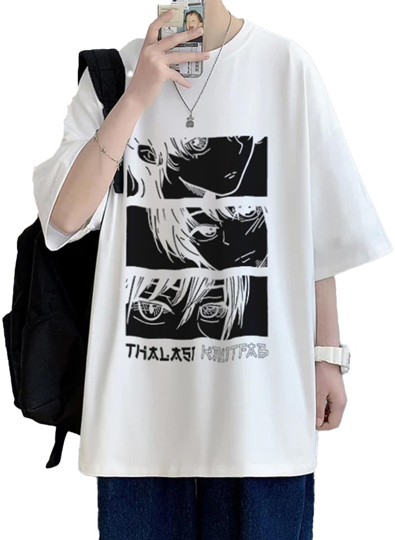 THALASI Men Anime Oversized Baggy Fit T-Shirt | 100% Cotton | White | Anime Print | Round Neck | Half Sleeve - Image 1