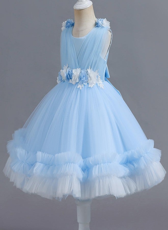 OBEEII Flower Girl Dress for Toddler Baby Girls Flower Tulle Tutu Dress Infant Formal Pageant Princess Party Birthday Dresses Light Blue 3-4 Years - Image 2