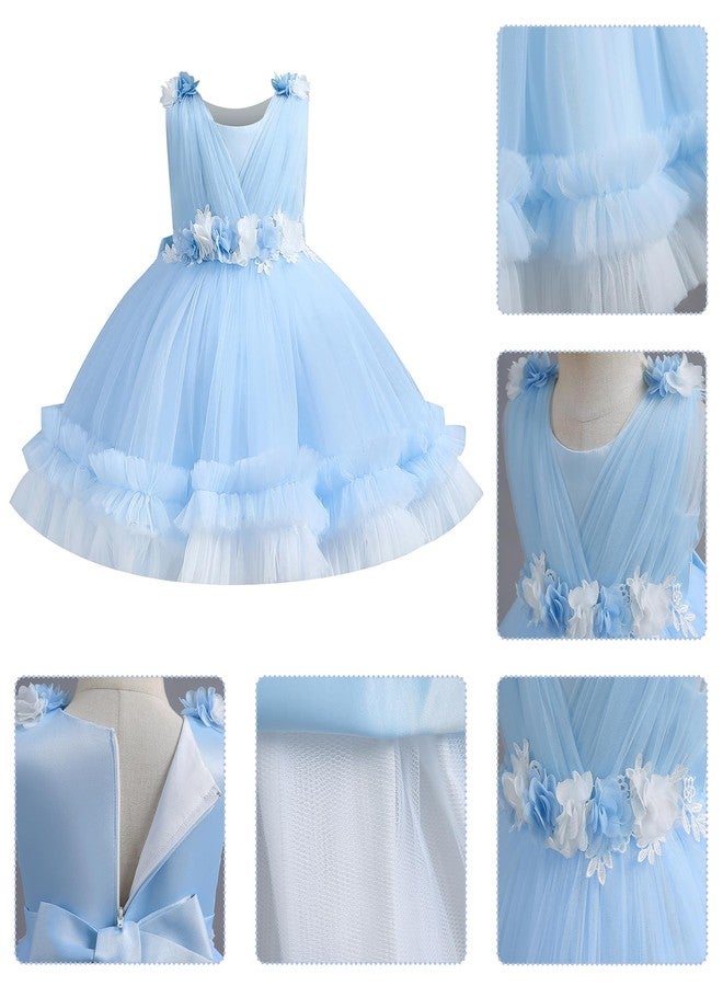 OBEEII Flower Girl Dress for Toddler Baby Girls Flower Tulle Tutu Dress Infant Formal Pageant Princess Party Birthday Dresses Light Blue 3-4 Years - Image 4
