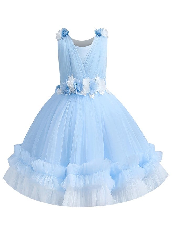 OBEEII Flower Girl Dress for Toddler Baby Girls Flower Tulle Tutu Dress Infant Formal Pageant Princess Party Birthday Dresses Light Blue 3-4 Years - Image 1
