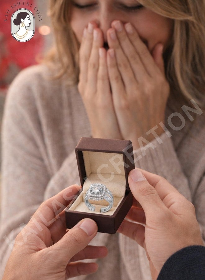 Kailash Creation American Diamond AD Adjustable Ring for Women and Girls Stylish | Cushion Cut Double Halo Silver_Finish Finger Ring | Stylish Jewellery Gift for Girls & Women | Birthday, Anniversary & Valentine Gift - Image 5
