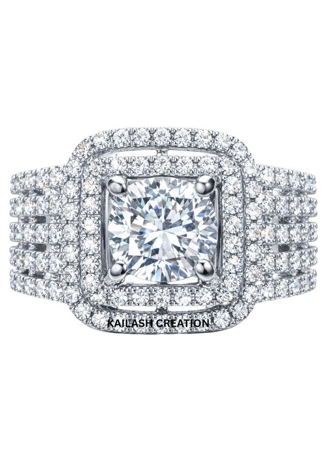 Kailash Creation American Diamond AD Adjustable Ring for Women and Girls Stylish | Cushion Cut Double Halo Silver_Finish Finger Ring | Stylish Jewellery Gift for Girls & Women | Birthday, Anniversary & Valentine Gift - Image 1
